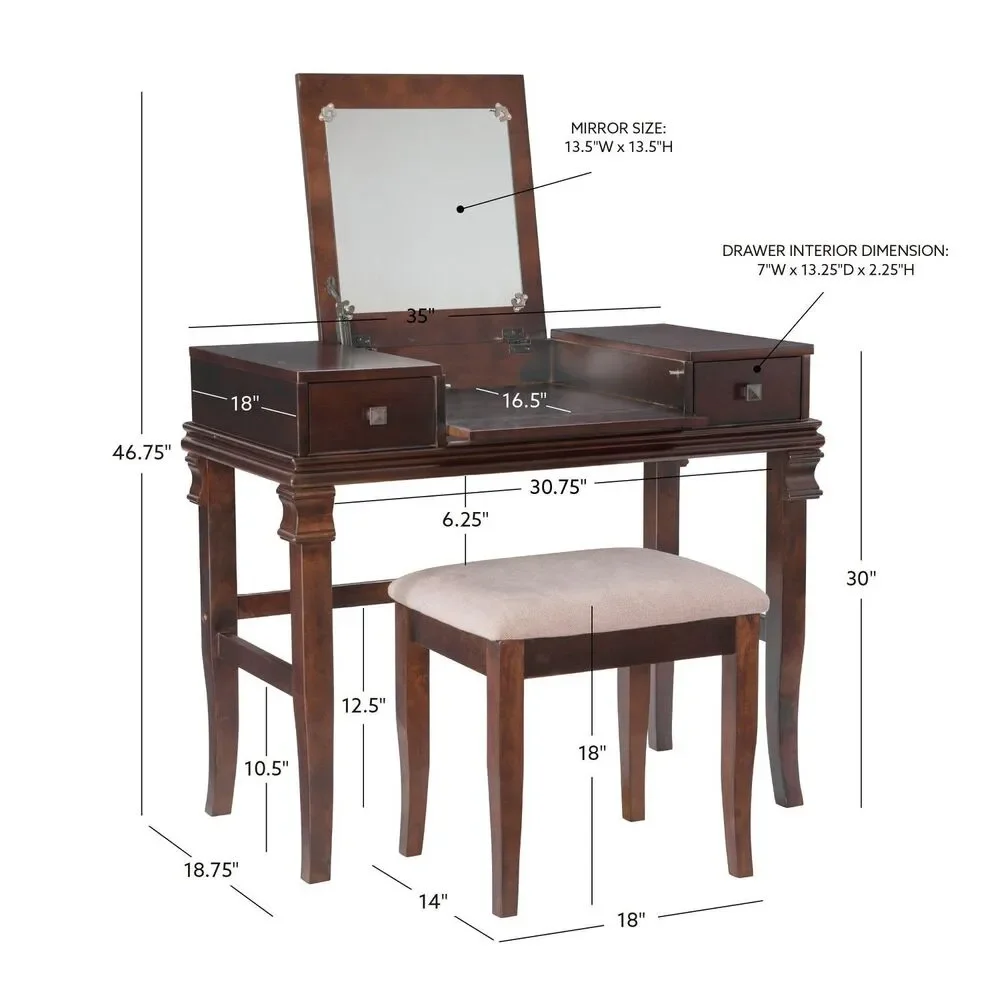 Linon Home Decor Clarkia The Angela Walnut Vanity Set Storage Table/Bench NewBox